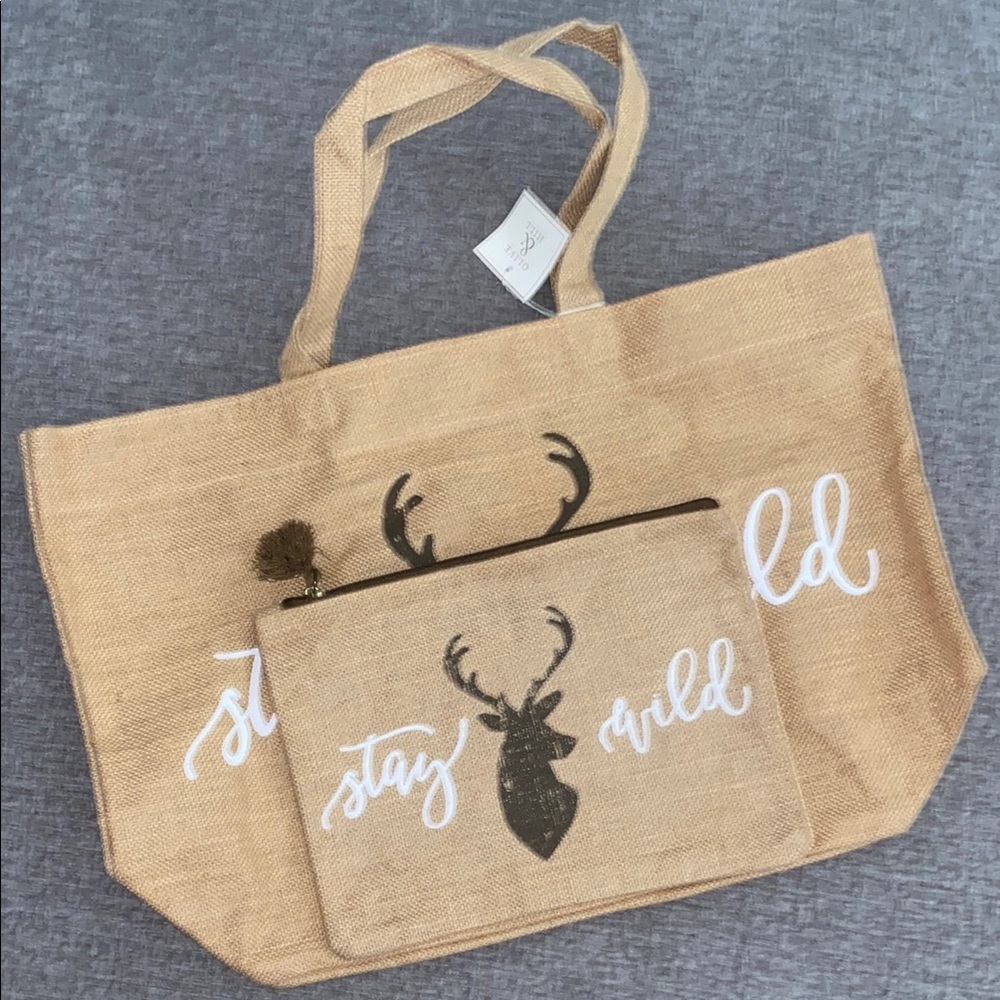 Olive and Hill Tan Burlap Tote Bag with Deer Design